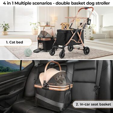 Візок для собак Mamizо 4 в 1, чорний, для 2 тварин до 15 кг, з переносною сумкою та колесами PU