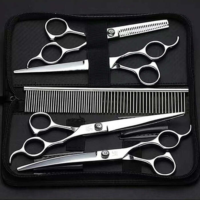 Набір ножиць для стрижки собак: вигнуті гострі ножиці та гребінець з футляром