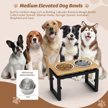 Підвищена годівниця для собак середніх та великих порід, чорна. 2 миски з нержавіючої сталі, регульована висота