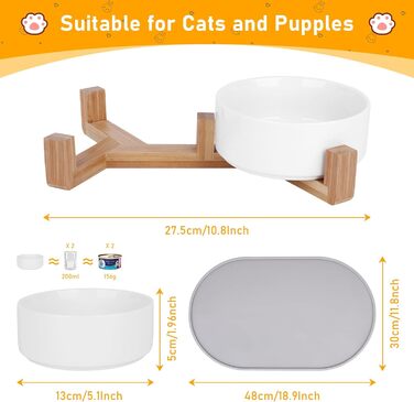 Набір мисок для котів 2 шт. з кераміки з підставкою з бамбука та силіконовим килимком - 2 x 400 мл