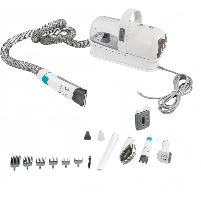 Машина для стрижки собак з пилососом, 7-в-1 видалення шерсті тварин, потужність 13000 Па, тиха, професійний набір для догляду за домашніми тваринами, контейнер для пилу 1.5л, сірий, білий