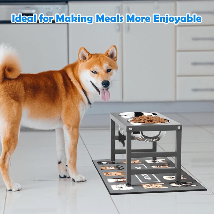 Підвищена годівниця для собак великих та екстра-великих порід, з підставкою та двома мисками з нержавіючої сталі (2,863 г), з нековзною основою, висота 43 см, висота мисок 25 см, сіра, L