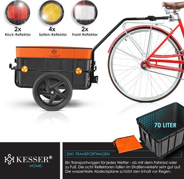 Причіп для велосипеда KESSER® з об'ємом 70 літрів, вантажний, для транспортування вантажів, сумісний з колесами 26-28 дюймів (Оранжевий)