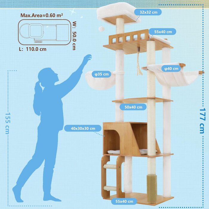 Дерев'яний кігтеточки Hey-brother Holz Kratzbaum 184 см для великих котів, багатоярусний, зі стійкою платформою, кошиком, будиночком, щіткою та драбиною, Noyer EMPJ121WB