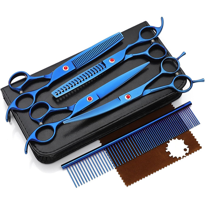 Набір для грумінгу собак та котів, професійний 5-в-1, з витончувальним ножем, вигнутими та прямими ножицями, гребінцем, нержавіюча сталь 440C
