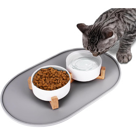 Набір мисок для котів 2 шт. з кераміки з підставкою з бамбука та силіконовим килимком - 2 x 400 мл