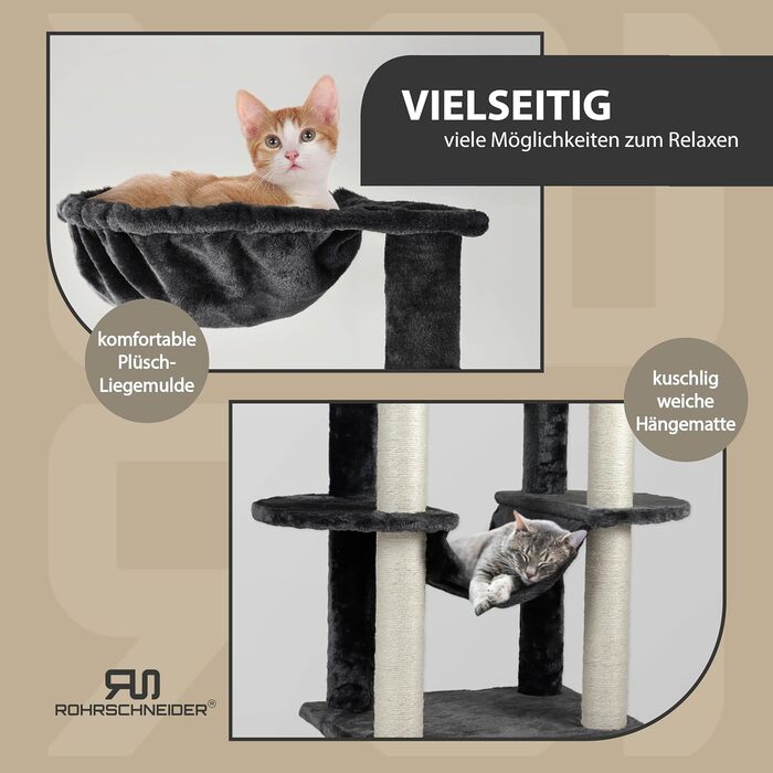 Котячий будиночок Rohrschneider Katzenbaum Travel XL з іграшкою та гамаком - стабільний котячий будиночок для великих котів (сірий)