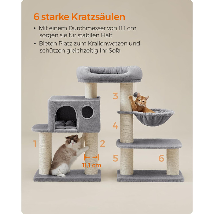 Драбина для котів Feandrea XXL: міцна, з 6 товстими стовпчиками, платформа, будиночок, кошик, сіра