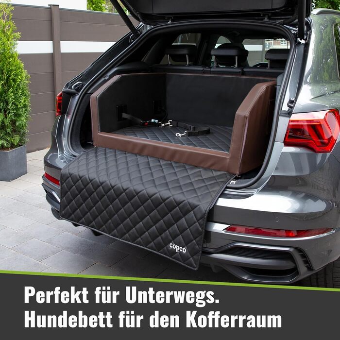 Автоматичне ліжко для собак CopcoPet у багажник, 70x55x38 см, штучна шкіра, захист багажника, водовідштовхувальне, стійке до подряпин, з захисним покриттям, для подорожей (Коричневий/Чорний, 100x90 см з системою ременів)