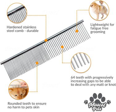 Професійний гребінець для догляду за шерстю собак та котів, нержавіюча сталь, 19,1 см