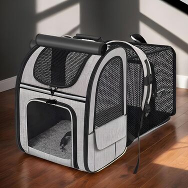 Транспортна сумка для тварин: переноска для котів та інших домашніх улюбленців, розширювана, дихаюча, складана, для подорожей, прогулянок, транспортування. Сірий колір з зеленими вставками