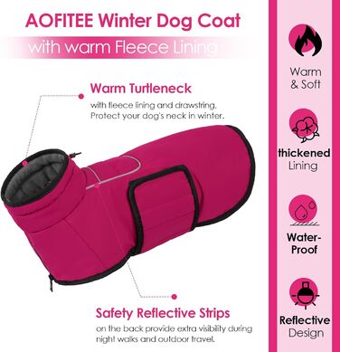 Теплий зимовий пуховик для собак великих порід AOFITEE, водонепроникний пуховик з коміром-гетром, з отвором для шлейки, рожевий (XL)