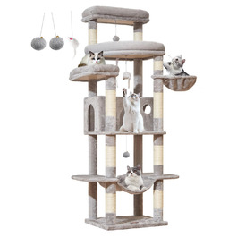 Когтеточка для котів Taoqimiao 180 см XXL, великий котячий комплекс для Maine Coon з будиночком, гамаком, платформами та 9 стійками (світло-сірий)