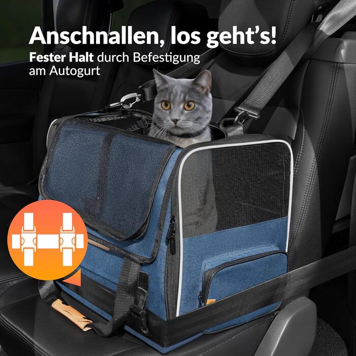 Транспортна переноска для котів CADOCA® до 20 кг, складна, з сонце- та дощовим дахом, плечовим ременем, мискою, дихаюча, комфортна, з обертовим подушечком, для котів та собак, блакитна