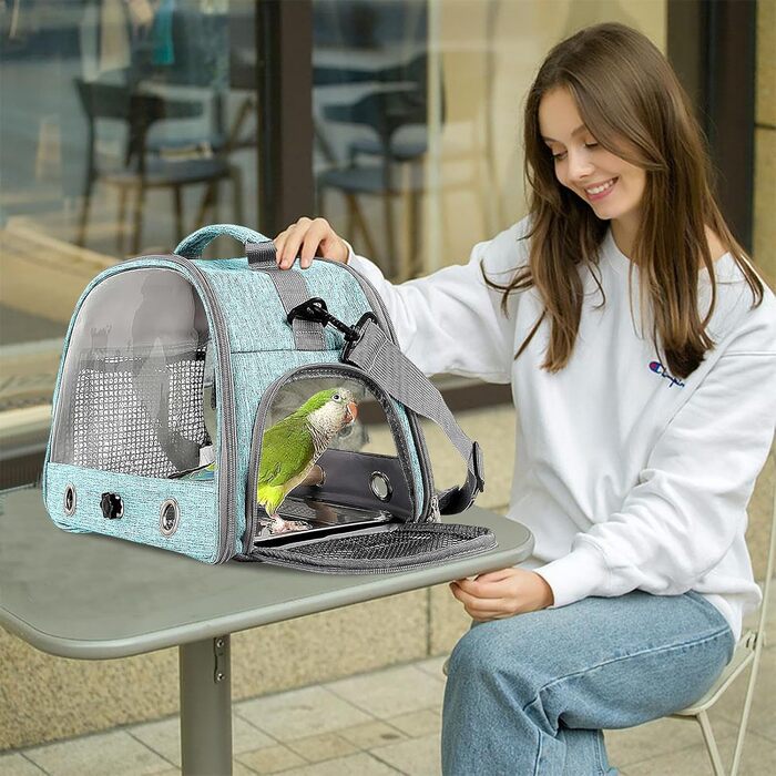 Транспортна сумка для птахів Vogel з підставкою та металевим підносом, переноска для папуг, рюкзак для птахів з дерев'яною ручкою, переносна клітка для малих птахів, блакитна