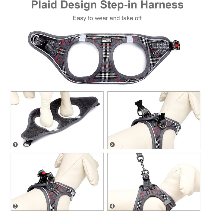 Нашийник для собак маленьких порід з повідком, анти-тягнучий, світловідбиваючий, дихаючий, нагрудник для цуценят (S, обхват грудей: 29-33см) (Сірий в клітинку, XL (обхват грудей: 46-53см, вага: 8-10.5кг))