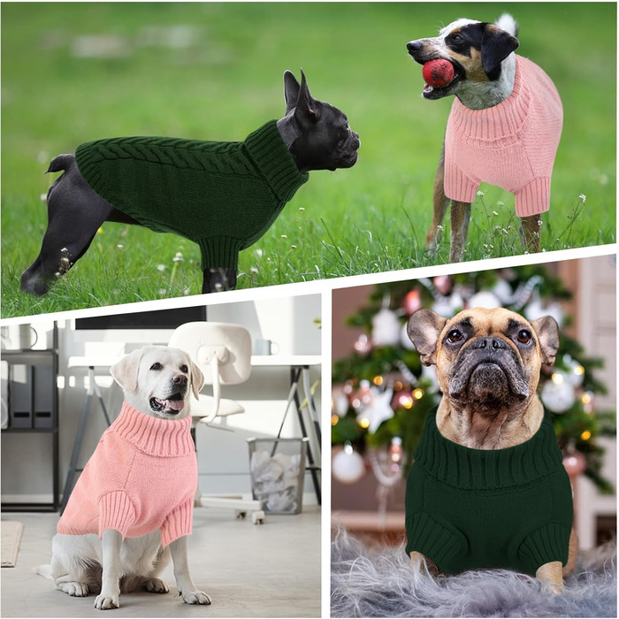 Теплий зимовий пуловер для собак великих порід L, зелений. Пуловер з ворітцем-горловиною, машинного в'язання, для Французького бульдога, Шнауцера, Мальтезе, Бішон Фрізе, Бостон-тер'єра. Легко прати.