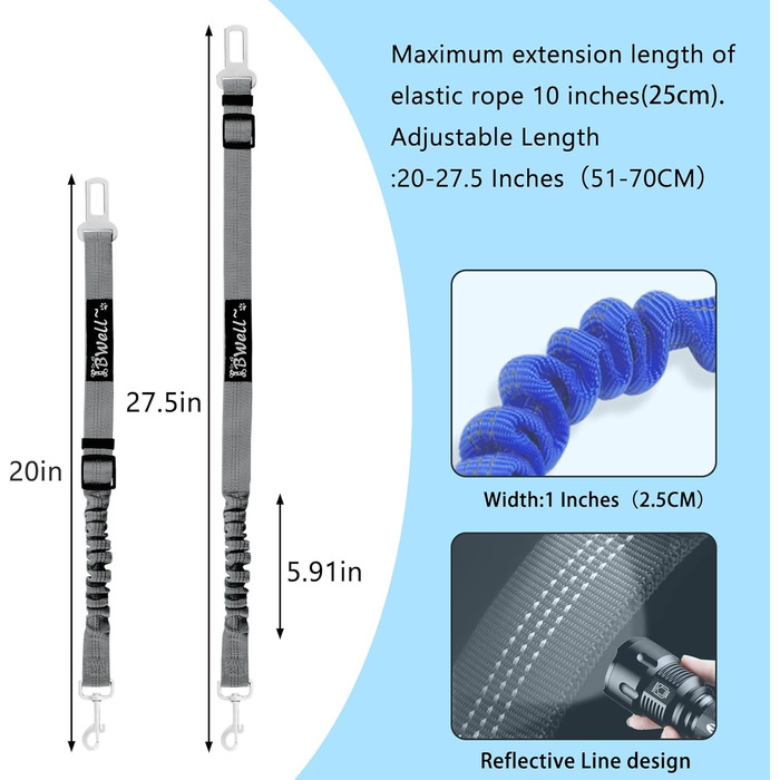Автомобільний ремінь безпеки для собак IBWell з еластичною стрічкою-амортизатором, сірий, 70,1 см