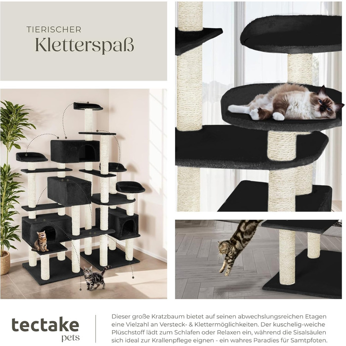 Велика когтеточка для котів tectake®, XXL котячий комплекс з 4 будиночками, ігрова вежа з сизалевими стовпами, аксесуари, настінне кріплення, чорна