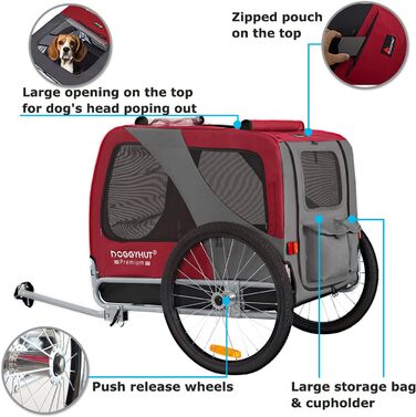 DOGGYHUT® Преміум великий велосипедний причіп для собак об'ємом 270 літрів, підходить для середніх та великих собак (ЧЕРВОНИЙ)