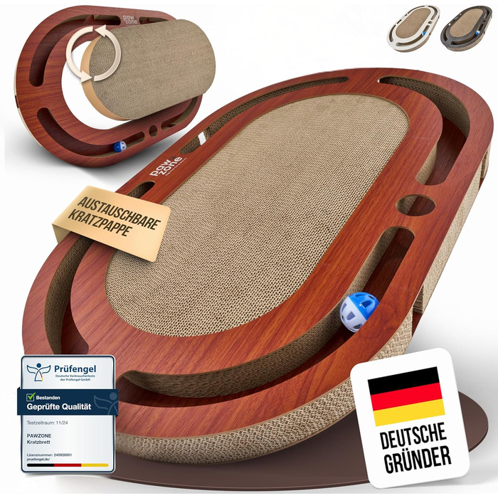 PAWZONE Двостороння килимок-подряпування для котів XXL з міцного MDF, 72x45 см, з можливістю заміни картону, з іграшкою, білий/коричневий