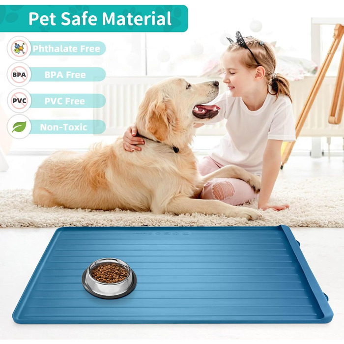 Килимок для корму та води для собак та котів, 100x68.6 см, з кишенькою для збору залишків, водонепроникний, з високими бортиками, Marineblau (морський блакитний)