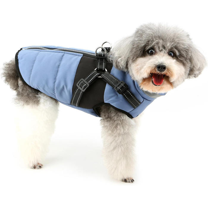 Тепла куртка для собак Yorkie та Chihuahua з підкладкою з флісу та інтегрованим повідком, вітронепроникна, (S, блакитна)