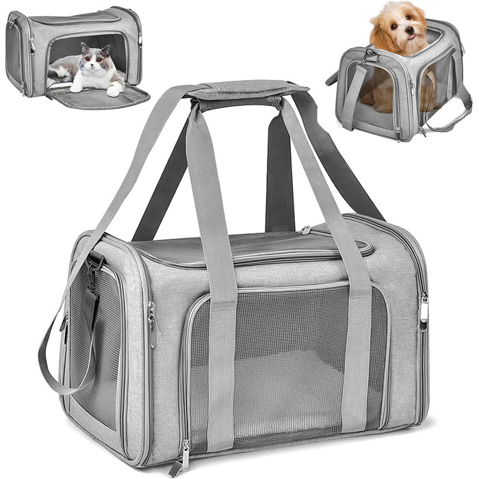 Сумка-переноска для котів і собак Sprifityy 45x30x30 см, складана, дихаюча, до 7 кг, для транспортування у авто, поїзді, подорожей, сіра