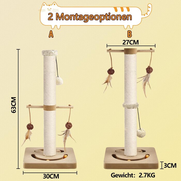 Котячий кігтеточильний стовпчик AUSCAT з інтерактивними іграшками, 63 см, бежевий