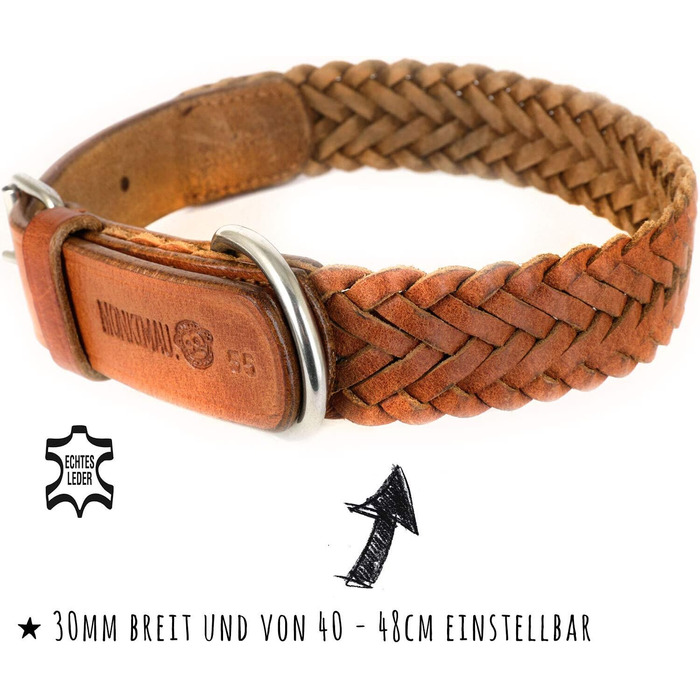 Нашийник для собак Monkimau з натуральної шкіри, плетіння, регульований (55 - 30мм), XS-S: 25мм x 40см