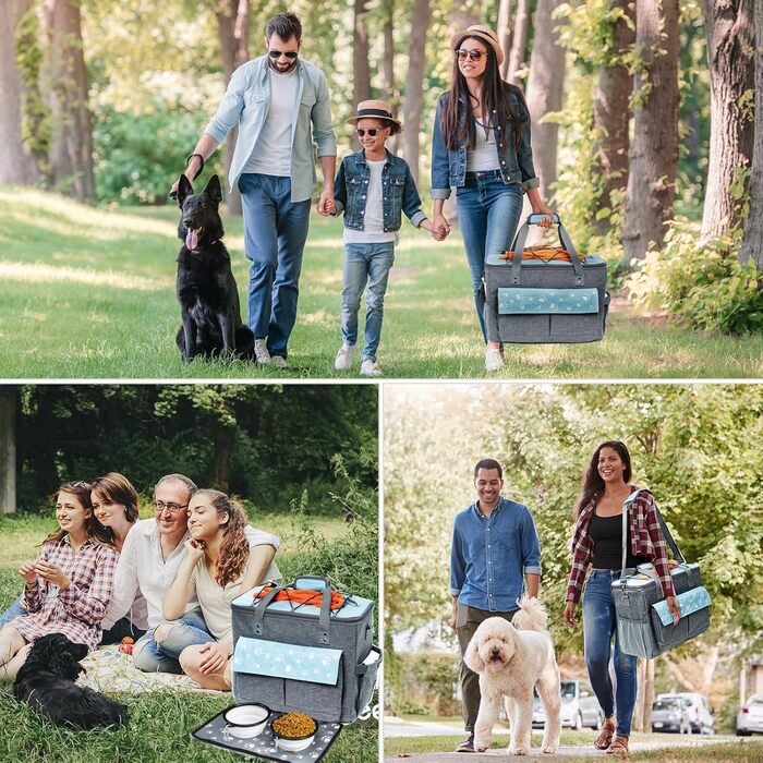 CLAWIST Сумка для собак, переноска для подорожей, XL, сіра/блакитна. З контейнерами для корму та складеними мисками