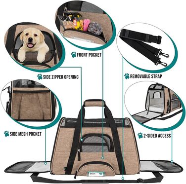 PetAmi Преміум переноска для тварин, схвалена авіакомпаніями | м'яка, вентильована, комфортна, з функціями безпеки | для котів, собак та інших домашніх тварин, середніх розмірів, коричнево-сіра, велика (19.5'L x 10.2'W x 12'H)