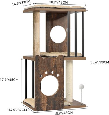 Дерев'яний кігтеточка YITAHOME 90 см з 3 рівнями для великих котів, кігтеточний комплекс з подушками, іграшками (пір'їнка, помпон), у кольорі 