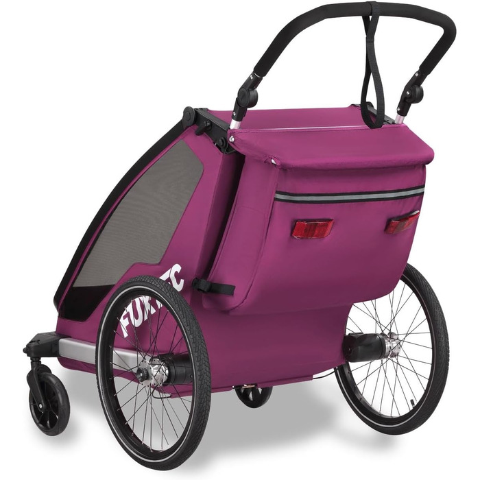 Причіп для велосипеда Fuxtec Sportfux на 2 місця, з багажником, світловідбивачами, ручкою-штовхачем, захистом від дощу та сонця, складаний, фіолетовий FX-FA1