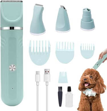 Набір для грумінгу собак 4-в-1: ножиці, тример, щітка, гребінець. Ідеально для догляду за шерстю цуценят та котів вдома. Зелений колір.