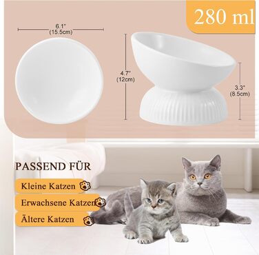 Підвищена годівниця для котів з кераміки - нахилена миска проти блювоти для котів - 280 мл, діаметр 15,5 см, біла