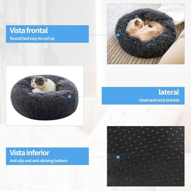 М'яке кругле ліжко для собак та котів 60 см – зручне лежанка-пончик для маленьких собак та котів, миється, не ковзає, плюшеве ліжко для тварин, сірий (L 50 x W 50 x H 20 cm, темно-сірий)