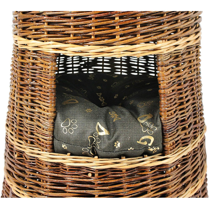 Корзина для котів для сну – котяча хатинка для дому – розмір 43 x 49 x 70 см, кругла – котяча хатинка з лози, трирівневе ліжко для собак або котів з пральним подушками в бежевому кольорі – лакована корзина (подушка темно-коричнева)