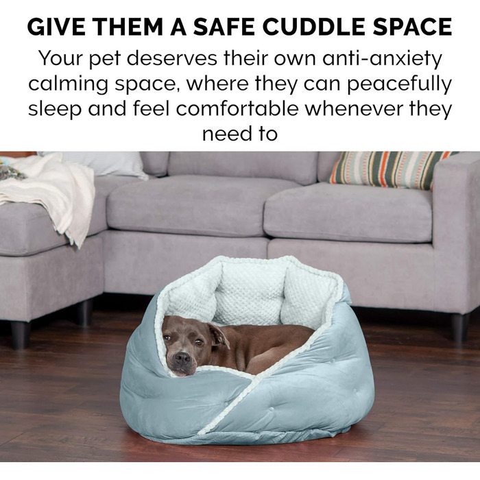 Ортопедичне ліжко для собак Furhaven, великих порід, кругле, знімний, пральний чохол, до 36,3 кг – Sherpa & Wildleder Snuggery – 111,8 см, ортопедична піна (Аквамарин, L 46 x B 46 x H 36 см, Calming Hug Nest)