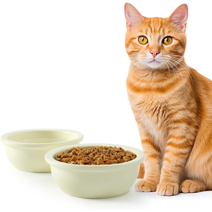 Набір мисок для котів GUUSII HOME (2 шт.) з кераміки, 360 мл, для корму та води, бежевий, 14 см, миски для котів, машиномийні