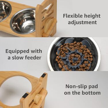 Підвищена годівниця для собак RLAVBL з бамбука, регульована, для повільного годування, з 2 нержавіючими мисками, антиковзаючі підкладки, для собак та котів