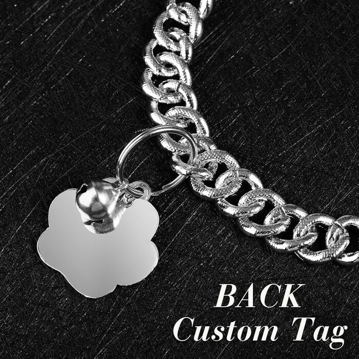 Нашийник для кота Hillban з діамантовою імітацією, блискучий, металевий з безпечною застібкою, з підвіскою у вигляді лапки та ID-місцем, з дзвіночком, сріблястого кольору, морської хвилі (20.3 см, 8 дюймів)