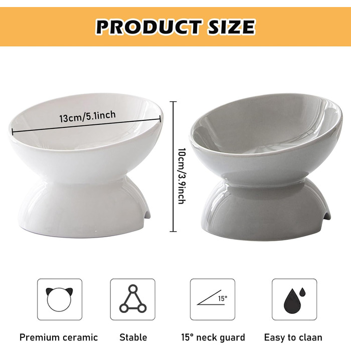 Підвищені годівниці для котів 2 шт. - керамічні миски для корму з захистом від перекидання, білі та сірі