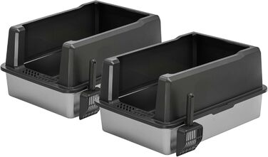 Набір з 2 котячих туалетів XXL з нержавіючою сталлю та бортиком 71 x 50,5 x 35 см сіро-срібного кольору, включаючи лопатку