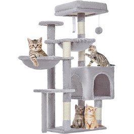 Котячий комплекс Taoqimiao MS019W для кімнатних котів, 100 см, світло-сірий, плюшевий будиночок з 5 стовпчиками для дряпання, 2 гамаки, помпони, для кошенят
