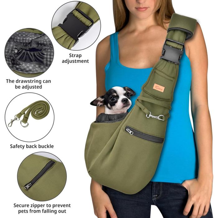 Сумка-переноска для собак CUBY, регульована, двостороння, для маленьких та середніх порід, з безпечним ременем, кишенею на блискавці, знімною підстилкою та підкладкою на плече, зелена, оновлена