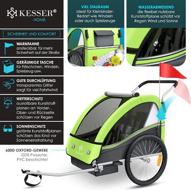 Дитячий велопричіп KESSER Sport-RX 2в1 (візок/велопричіп) для 1-2 дітей, 360° обертання, 5-точкова система кріплення, світловідбивачі, тримач для напоїв та смартфон (світло-зелений)