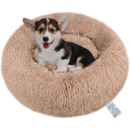 Кругле лежанка для собак середнього розміру, бежево-коричневий, ортопедичний, з неслизьким дном, для собак та кошенят, 70 см Ø, з м'яким плюшем, для заспокоєння, легко миється