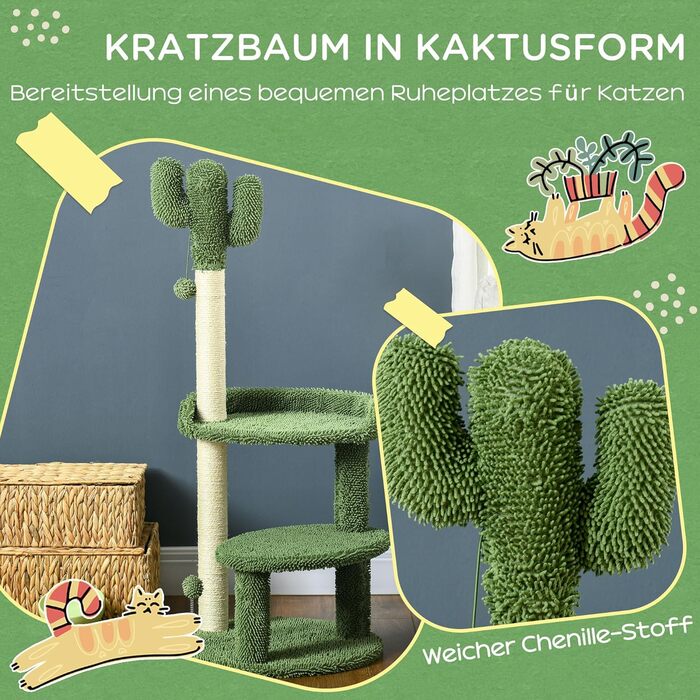 Когтеточка для котів PawHut Кaktus 111 см, 2 рівні, з іграшкою-м'ячем, лежанкою, для котів до 10 кг, котячі меблі, сизаль, зелена