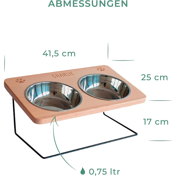 LAUBLUST: Годівниця для собак з іменем, об'єм 0,75 л, піднята годівниця, аксесуари для собак, підставка під миску, годівниця для котів, 41,5 x 25 x 18 см